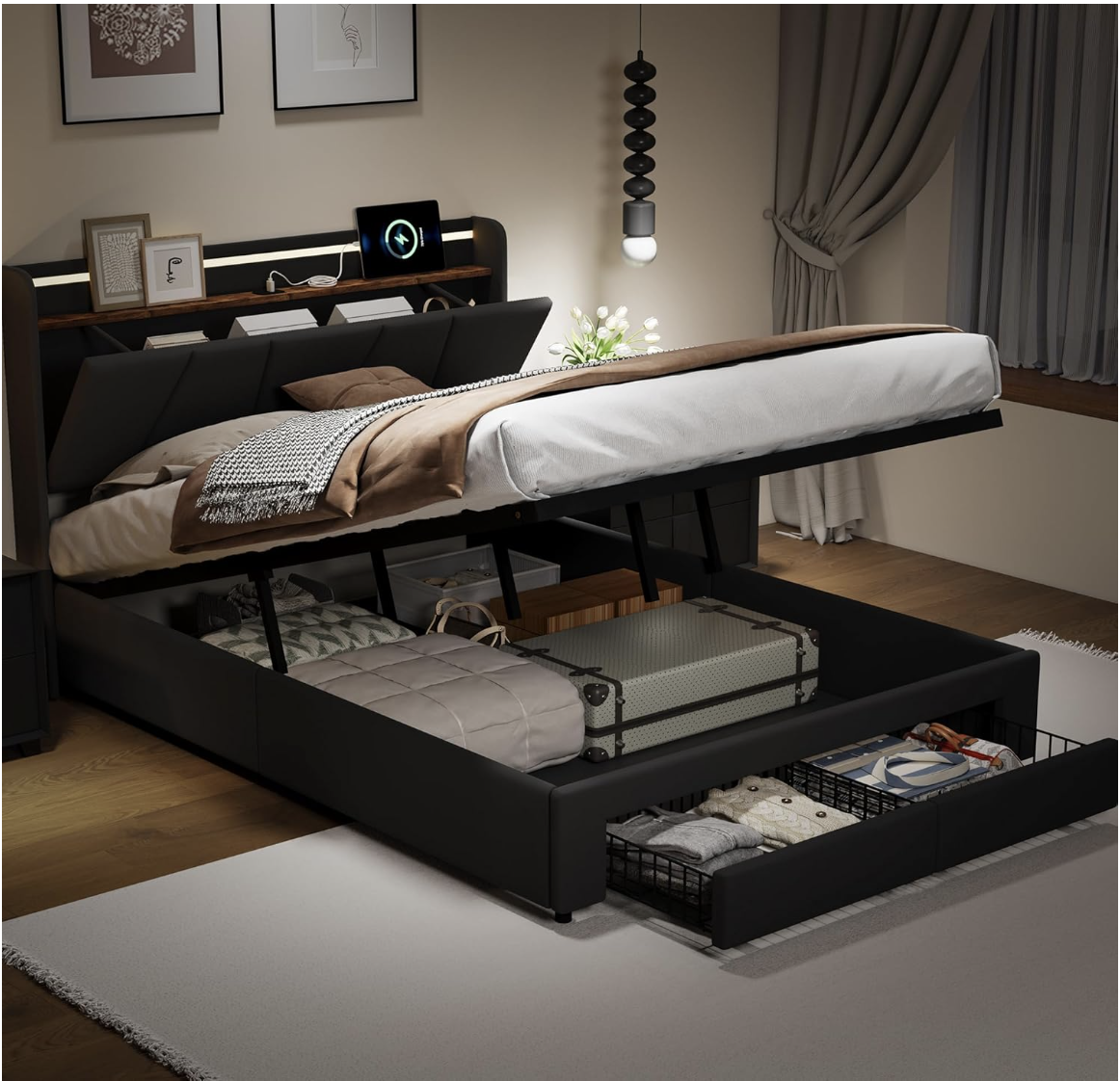 QMTXBYJ lit Coffre 140x190 avec Éclairage LED et Port USB,lit Hydraulique avec Étagères Ouvertes et Rangement Caché en Tête de Lit Capitonné