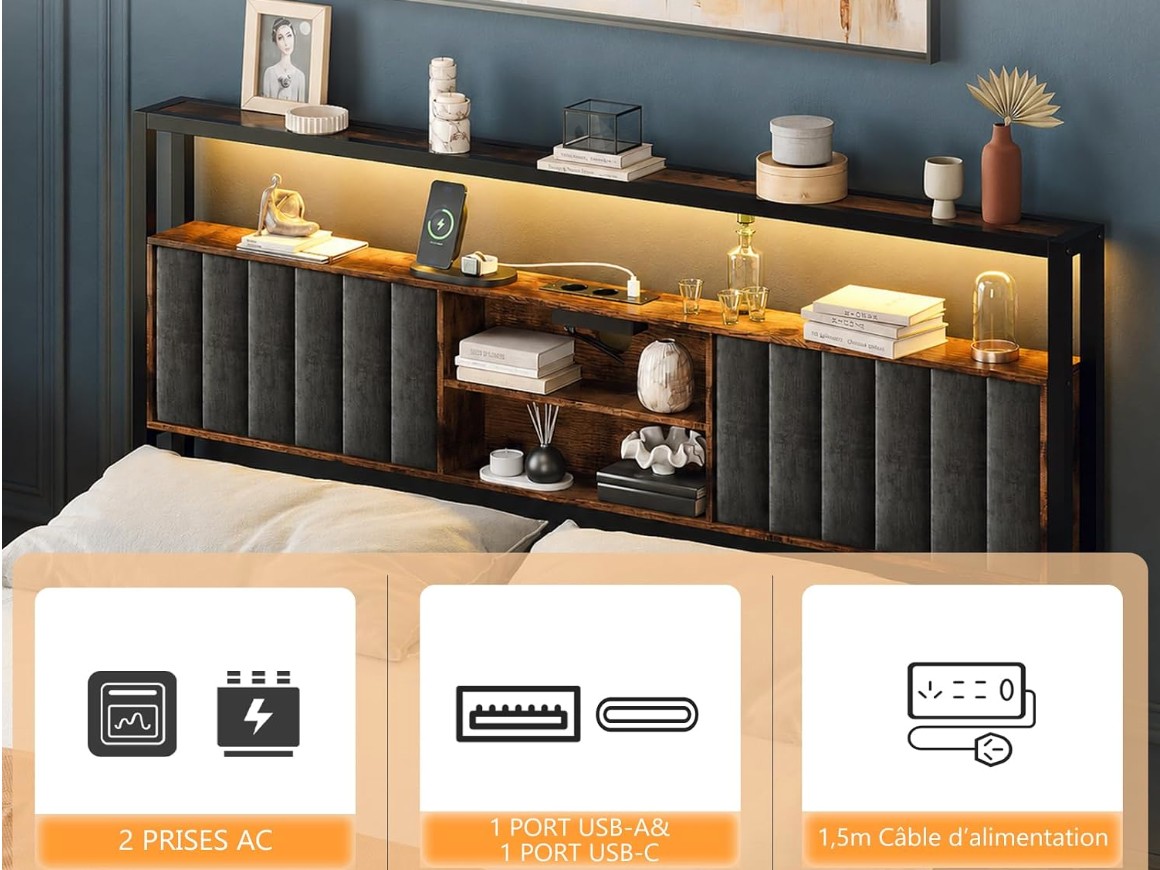 Lit avec Sommier, Lit Flottant avec LED, Lit 2 Personnes, Tête de Lit Tapissée avec Rangement, Station de Charge 4 en 1, en Métal et Bois, Style miniature 5