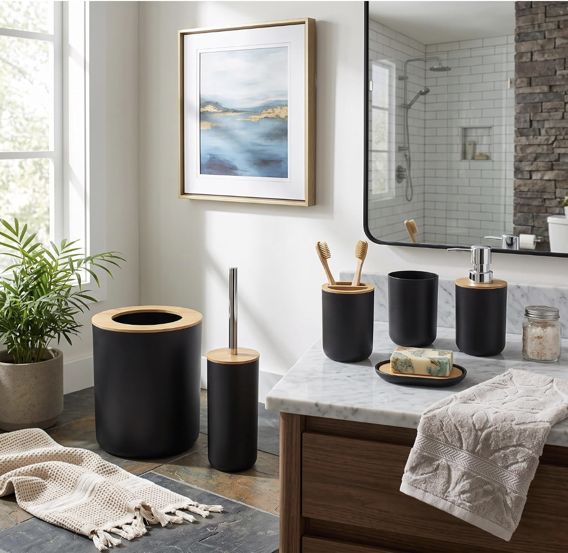Ensemble d'Accessoires de Salle de Bain 6 Pièces, Noir, Distributeur de Lotion, Porte-Brosse à Dents, Tasse à Dents, Porte-Savon, Brosse de Toilette, Poubelle miniature 2