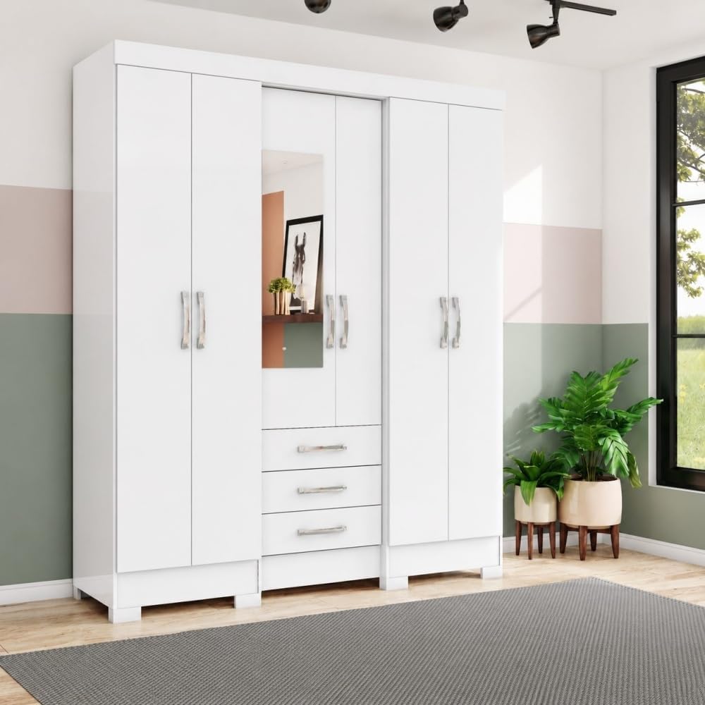 Befara Armoire avec Miroir Antares, Blanc, 163 x 46,5 x 200,5 cm, Armoire-penderie avec Miroir, 6 Portes, Blanc. 163 x 46,5 x 200,5 cm — photo 1