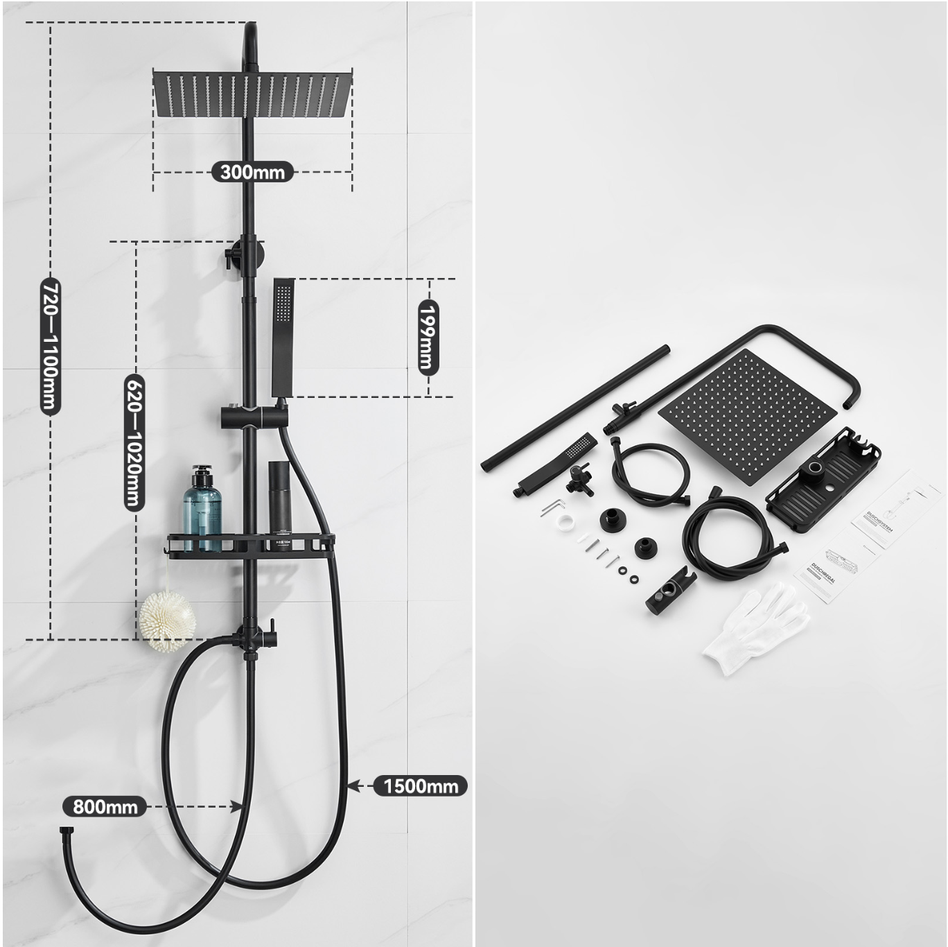 Auralum Max Colonne Douche Sans Mitigeur Noire,Tête Carrée 30×30 cm,Hauteur Réglable 72-110 cm,Douchette Main,Étagère Sans Perçage/Flexible 1,5 m miniature 4