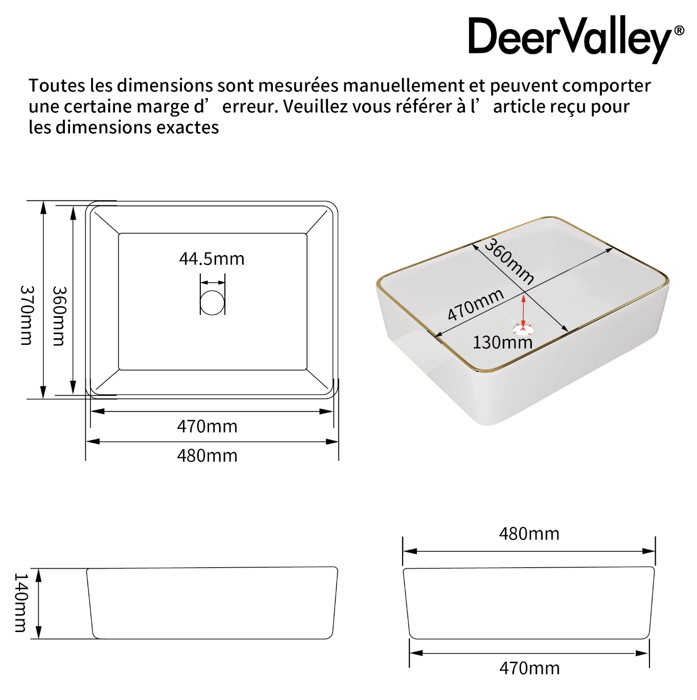 Vasque à poser rectangulaire en céramique Blanc avec des bords dorés 48 x 37 x 14cm – Pour salle de bain – DeerValley miniature 2