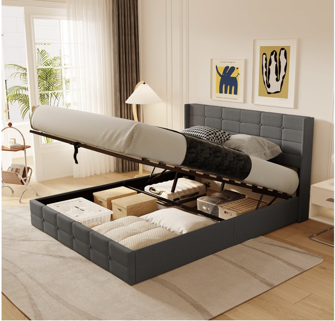 Blishom Lit Coffre 160x200 cm, lit Hydraulique avec Étagères Ouvertes et Rangement Caché en Tête de Lit Capitonné, Cadre de Lit, Sommier à Lattes miniature 2