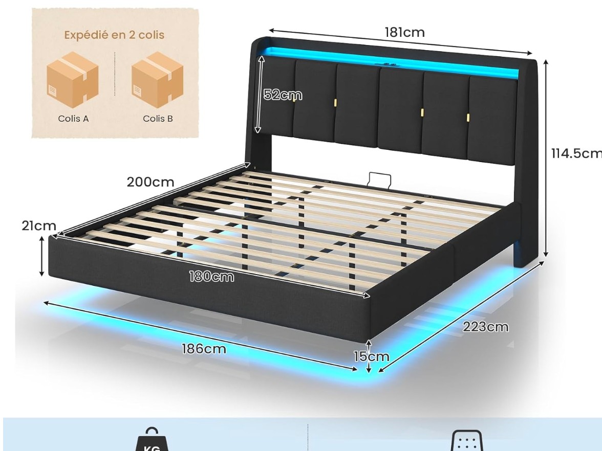 Brinlawb Lit Flottant 180x200 cm avec Dossier Confortable Incliné Rembourré et Rangement Caché, Lit 180x200 avec Sommier avec Éclairage LED et Multiprise miniature 2