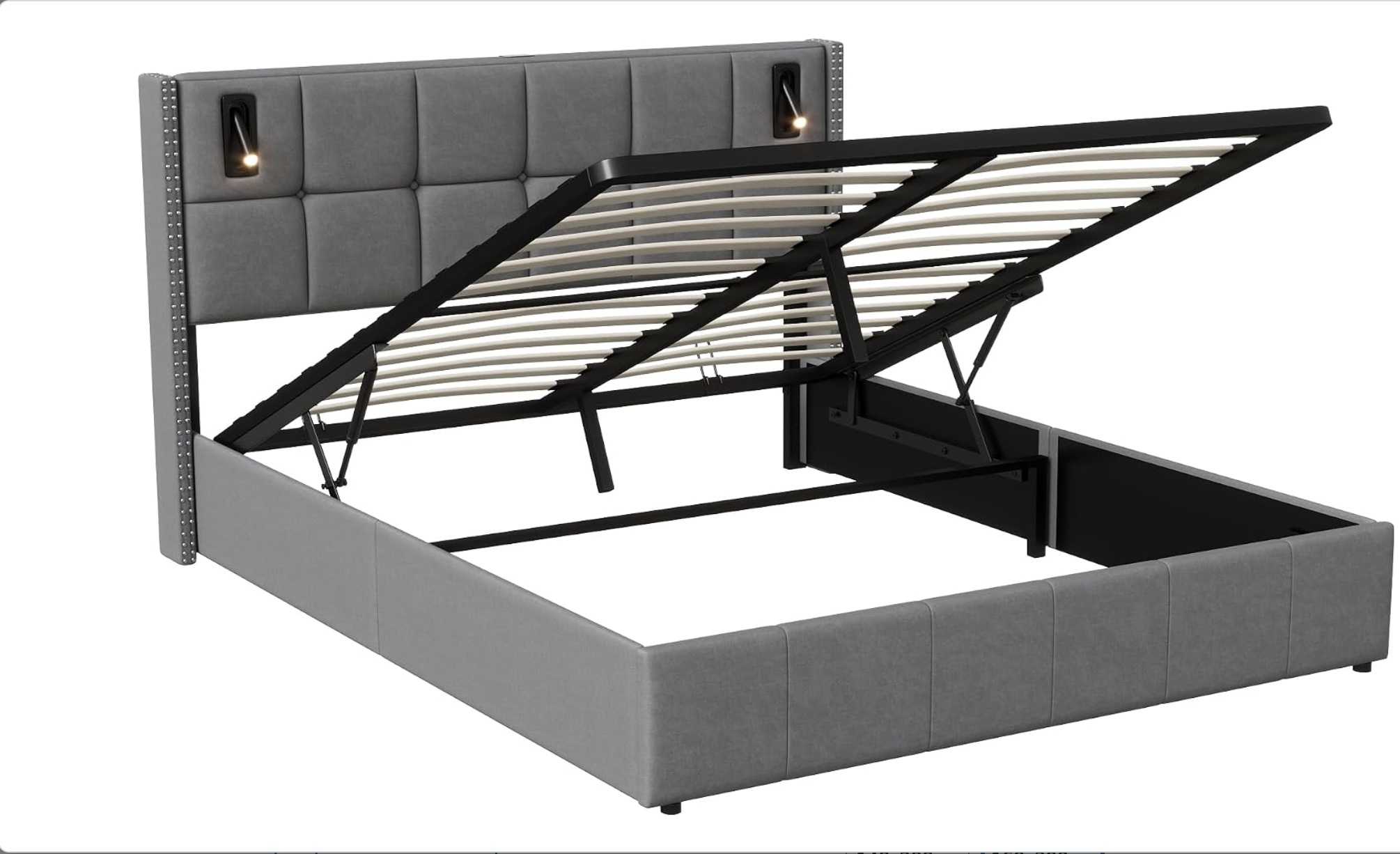 Henunem Lit Coffre 160x200,Lits Hydraulique avec Fonction de Rangement,lit Double 160x200 cm avec Lampe de Lecture et Sommier à Lattes, lit 2 Personnes miniature 5