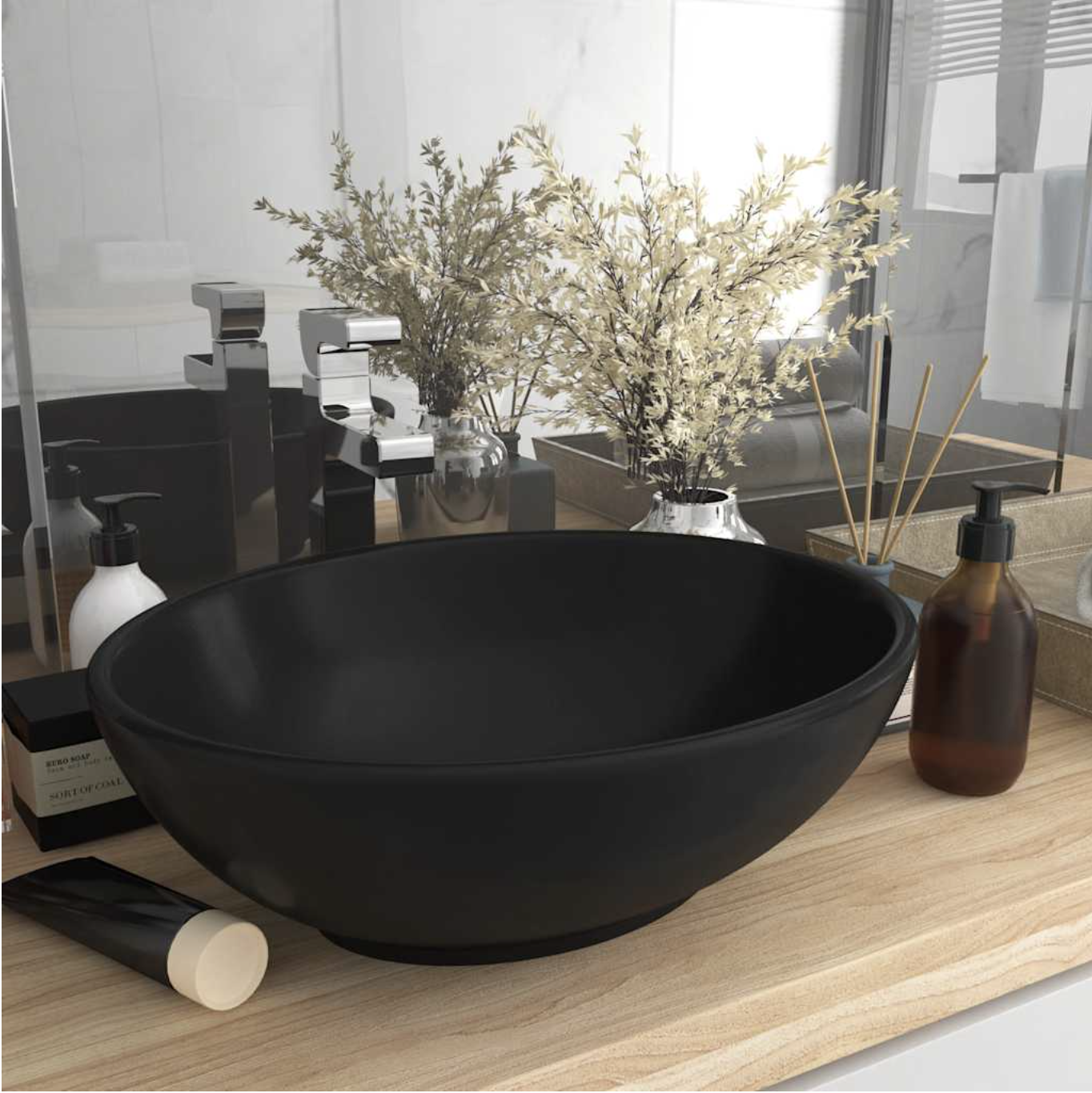 vidaXL Lavabo ovale de luxe Noir mat 40x33 cm Céramique — photo 1
