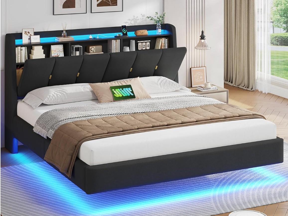 Brinlawb Lit Flottant 180x200 cm avec Dossier Confortable Incliné Rembourré et Rangement Caché, Lit 180x200 avec Sommier avec Éclairage LED et Multiprise miniature 4