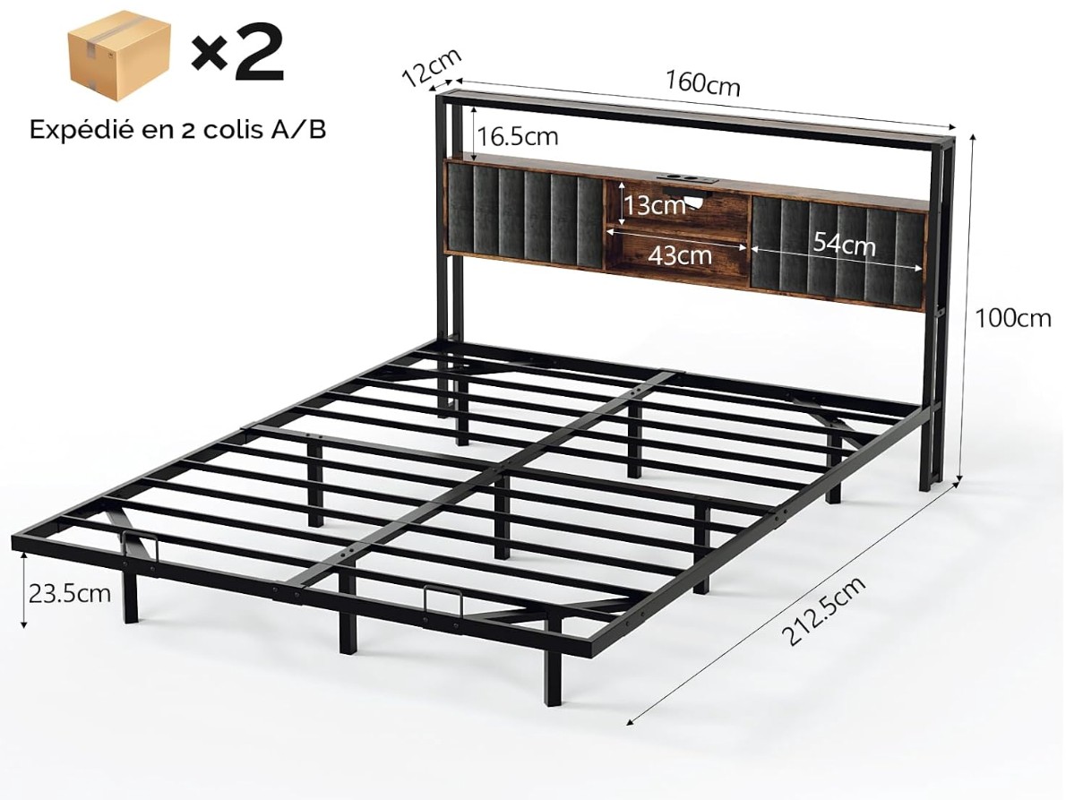 Lit avec Sommier, Lit Flottant avec LED, Lit 2 Personnes, Tête de Lit Tapissée avec Rangement, Station de Charge 4 en 1, en Métal et Bois, Style miniature 2