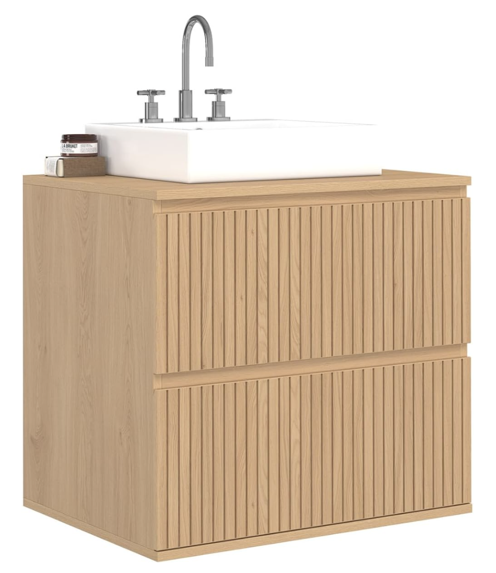 Meuble sous Vasque Suspendu Salle de Bain Victor Effet Lattes | Avec 2 tiroirs miniature 2