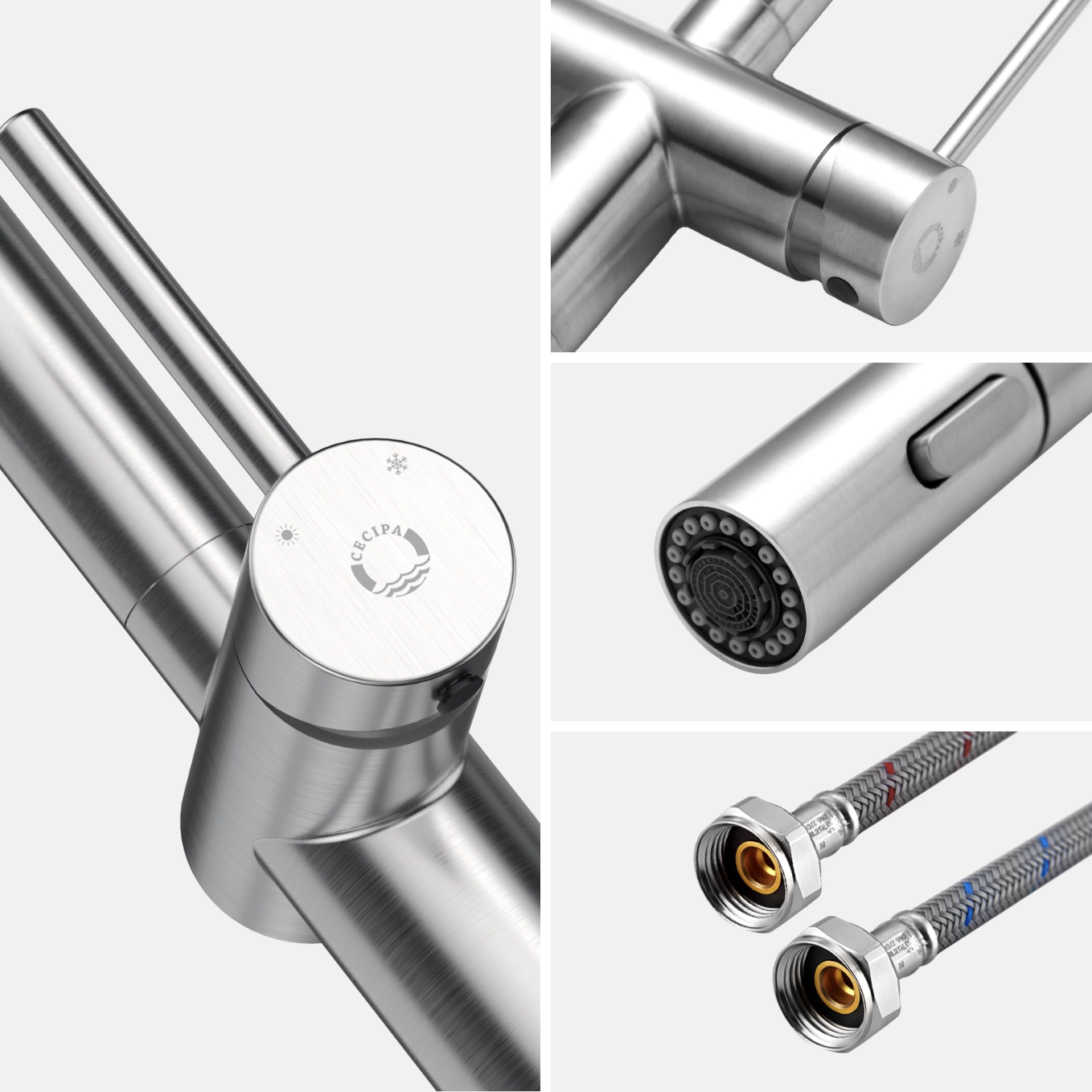 Mitigeur Cuisine avec Douchette Extractible, Robinet en Acier Inoxydable Brossé, Robinet Cuisine d'Évier 2 Modes de Sortie D'eau, EU modèle miniature 4