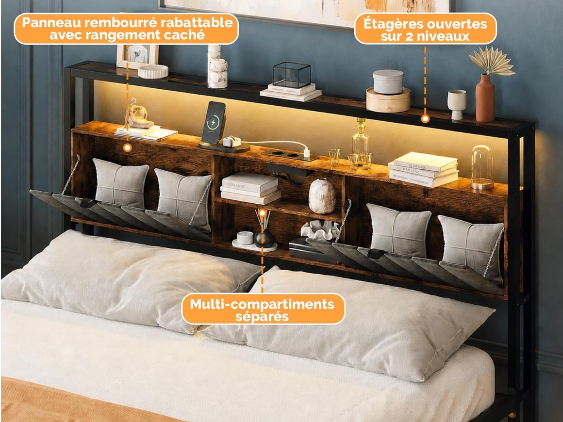 Lit avec Sommier, Lit Flottant avec LED, Lit 2 Personnes, Tête de Lit Tapissée avec Rangement, Station de Charge 4 en 1, en Métal et Bois, Style miniature 3