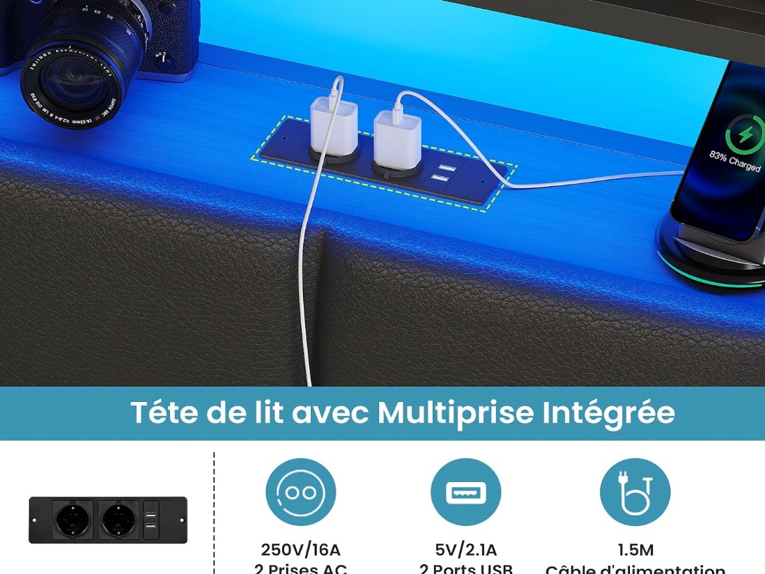 Brinlawb Cadre de lit 160x200 avec Sommier Métal Lit 2 Personnes avec Lumières LED et Multiprise (2 Prises AC, 2 Ports USB) lit Double 160x200 miniature 3