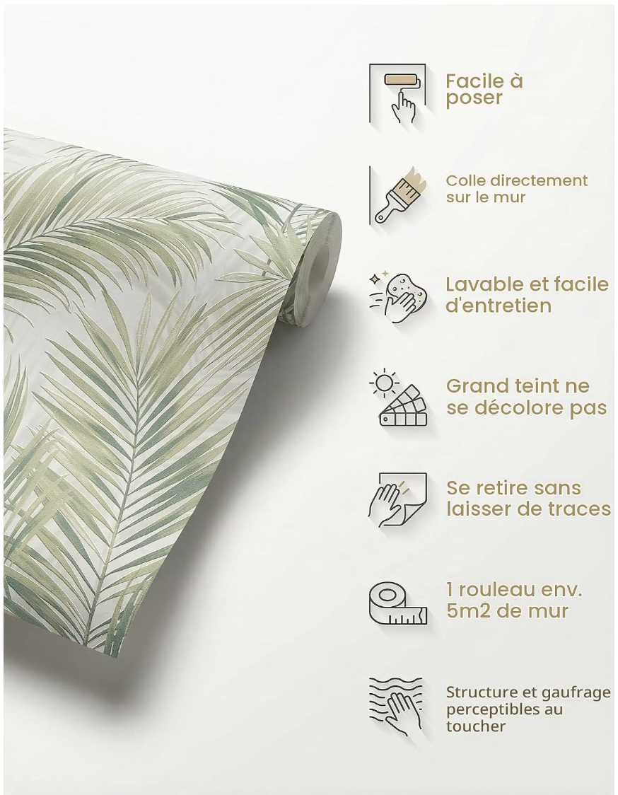 papier peint intissé vert feuilles de palmier salon scandinave | Olive-sauge mat sur crème, sans raccord, motif floral, décoration murale, ambiance miniature 6