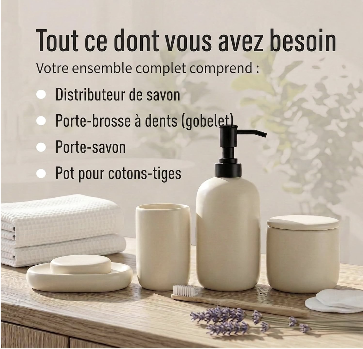 Ensemble d'Accessoires de Salle de Bain en Céramique | 4pk | Crème | Distributeur de Savon + Porte-Brosses à Dents + Porte-Savon + Gobelet miniature 4