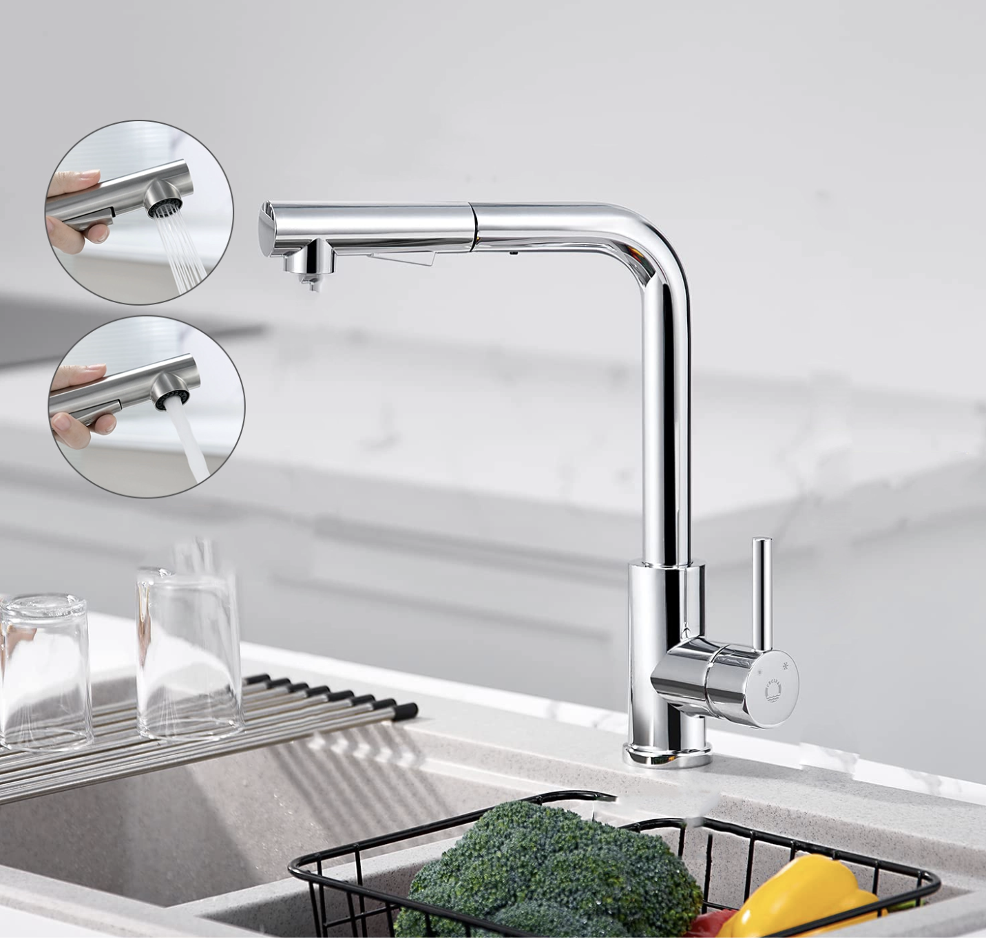 Mitigeur Cuisine avec Douchette Extractible Robinet Cuisine 360 Rotatif avec 2 Jets aux Choix Robinetterie en Acier Chrome Haute Qualité