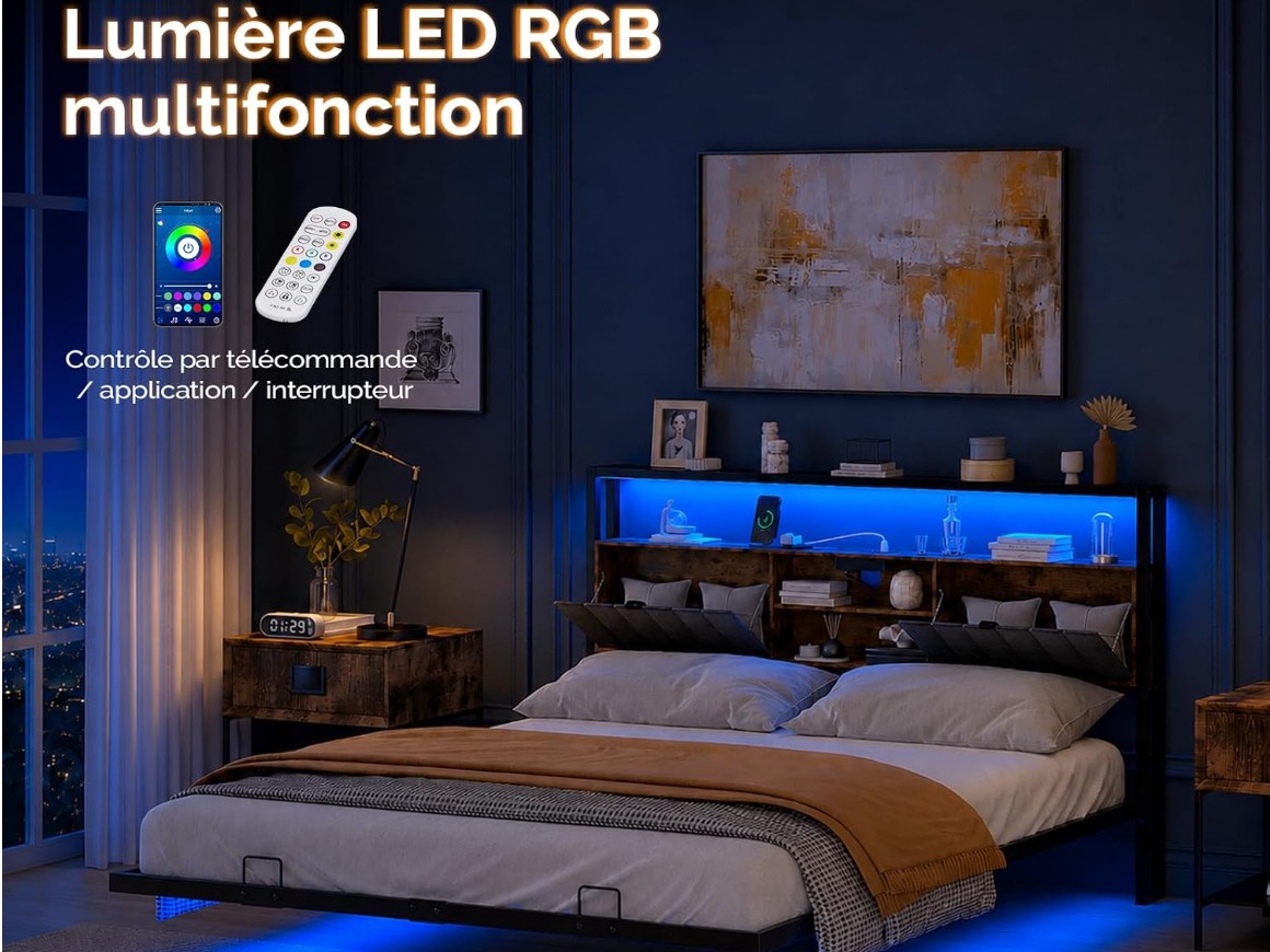Lit avec Sommier, Lit Flottant avec LED, Lit 2 Personnes, Tête de Lit Tapissée avec Rangement, Station de Charge 4 en 1, en Métal et Bois, Style miniature 4