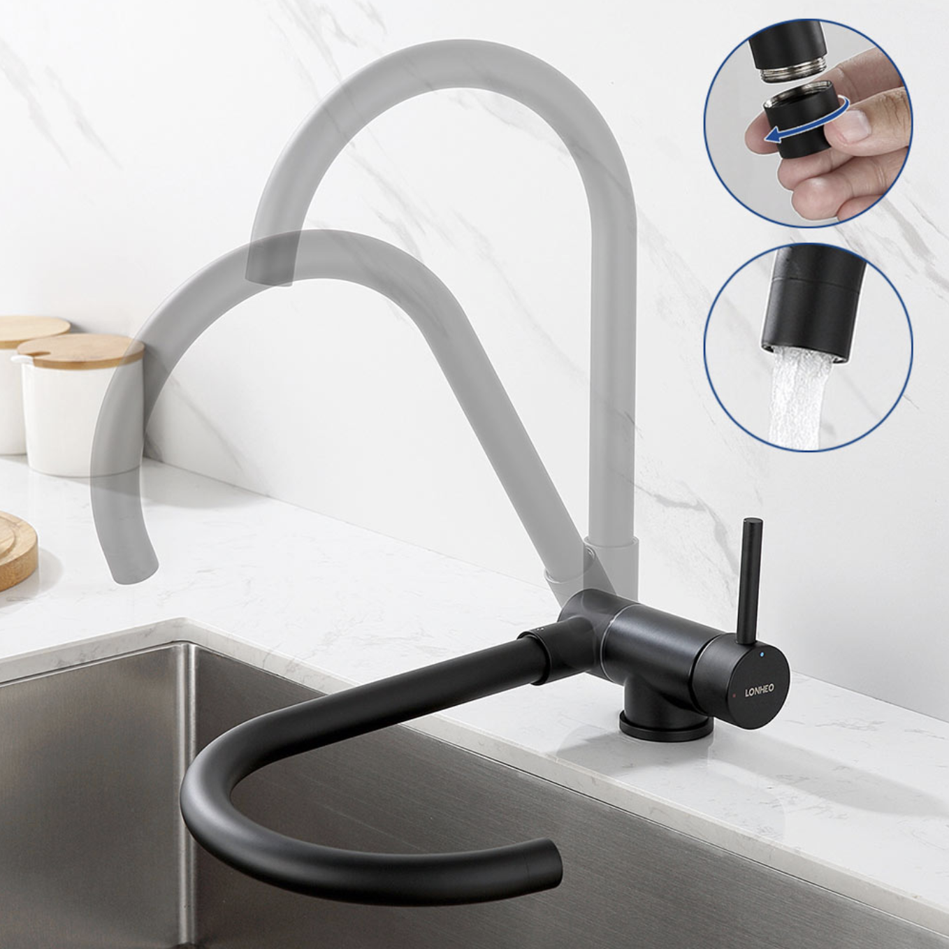 Lonheo Max Mitigeur de Cuisine Pliable Sous Fenêtre, Robinet d'évier de Cuisine Pliable, Robinet de Cuisine Acier Inoxydable Noir