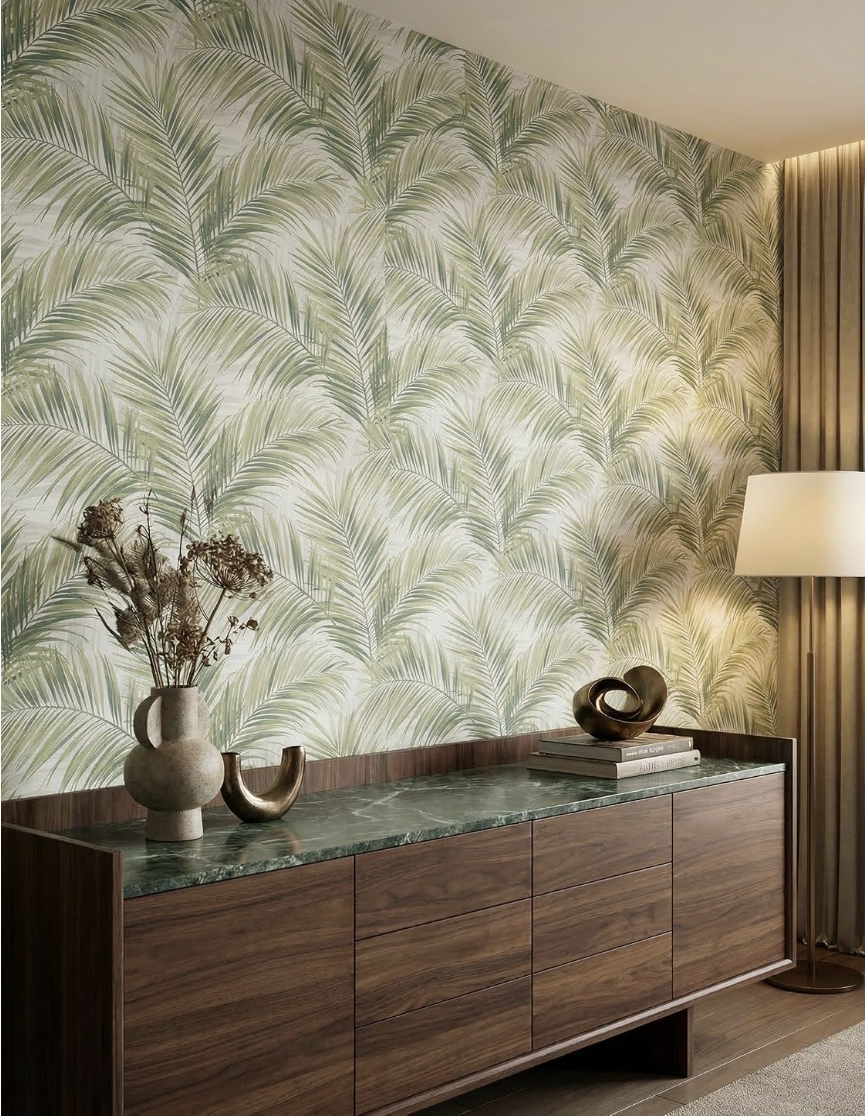 papier peint intissé vert feuilles de palmier salon scandinave | Olive-sauge mat sur crème, sans raccord, motif floral, décoration murale, ambiance miniature 4