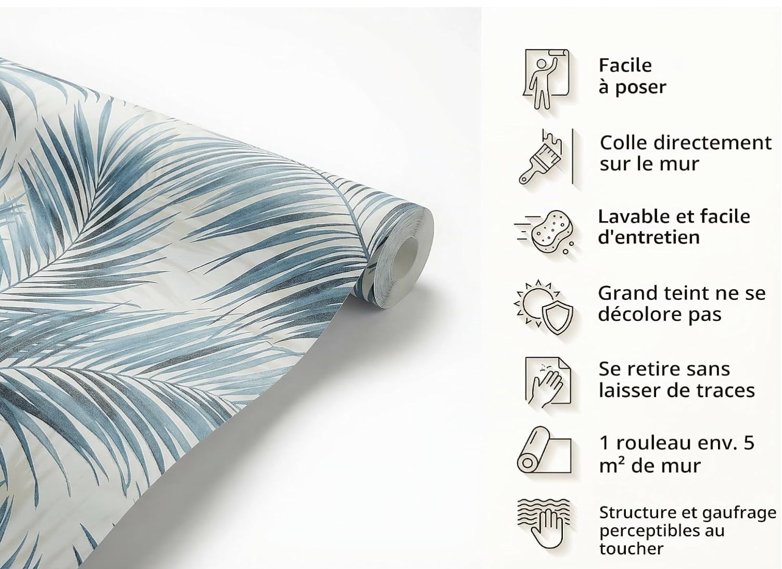 papier peint intissé bleu pétrole feuilles de palmier boho salon | Indigo mat sur crème, structure lisse, sans raccord, motif floral, décoration miniature 5