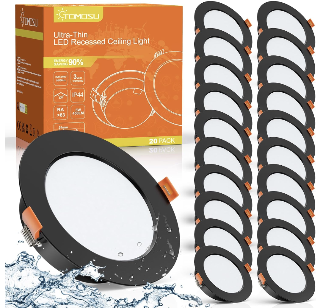Lot de 20 Spot LED Encastrable Noir, 5W, Blanc Neutre 4000K, IP44 | 220-240V, 450LM, Trou 75mm-85mm, Diamètre 98mm, Spot LED Encastrable Extra Plat