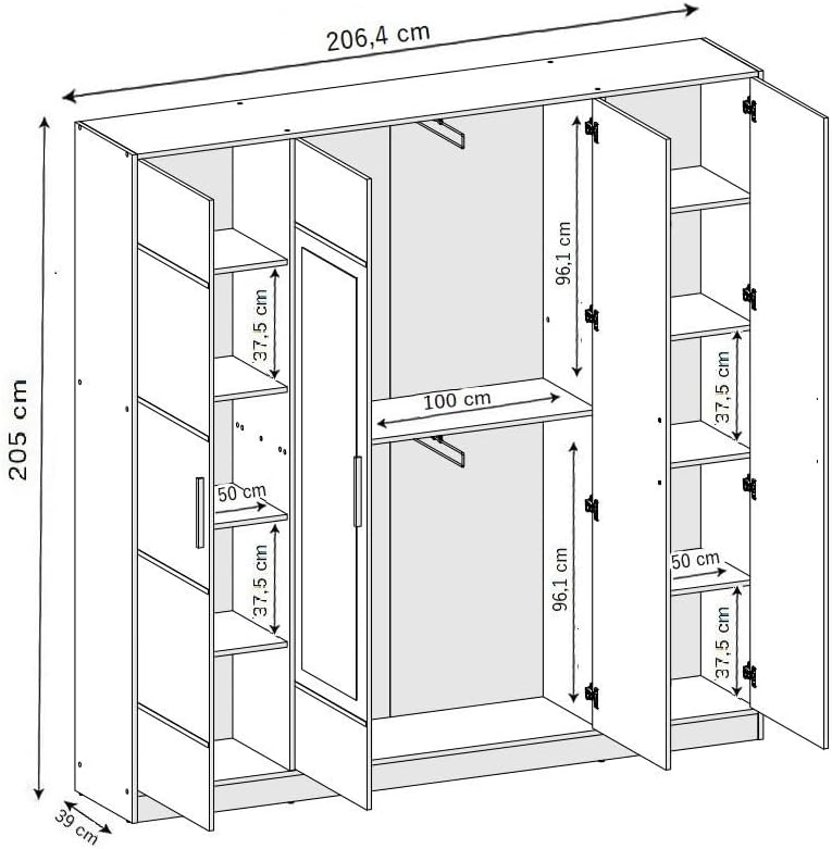 KIER FURNITURE Armoire avec Miroir - Eden - Craft & Noir 206,4x205x39 cm | Armoire de Rangement Dressing,Garde‑Robe Placard Penderie miniature 3