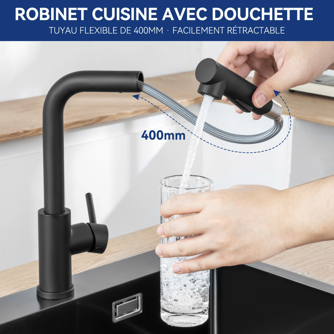 Cecipa max Mitigeur Cuisine Noir avec Douchette Extractible, Monocommande, Rotation à 360°, 2 Modes de pulvérisat Robinet d'évier Cuisine,EU Modèle miniature 3