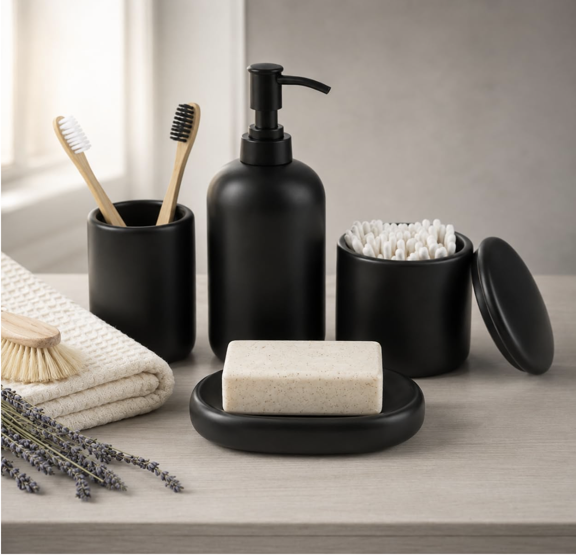 Ensemble d'Accessoires de Salle de Bain en Céramique | 4pk | Noir | Distributeur de Savon + Porte-Brosses à Dents + Porte-Savon + Gobelet