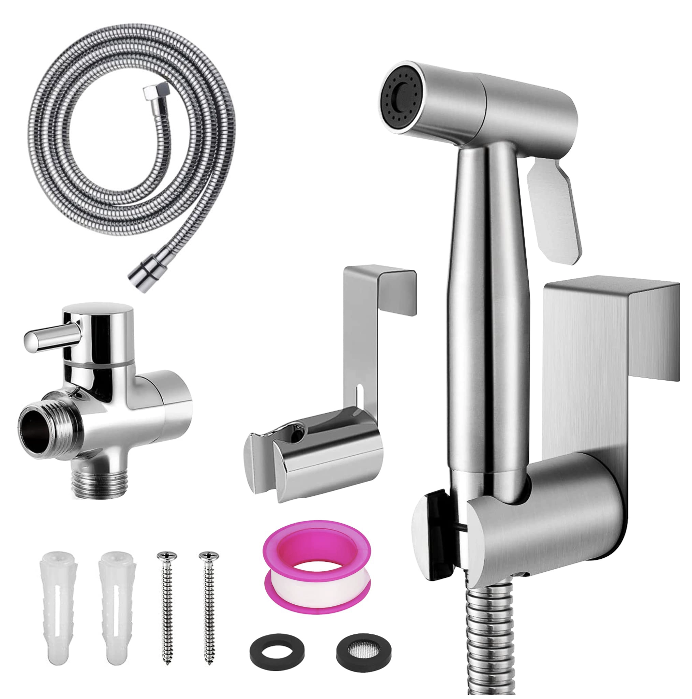 2 Pulvérisateur de bidet de toilette en acier inoxydable, pulvérisateur de toilette portatif avec tuyau de 1,5 et vanne de dérivation de 20mm (argent)